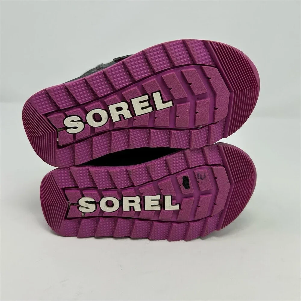 Sorel Kids Whitney II Strap Winter Snow Boots Gray Charcoal Purple Size 8